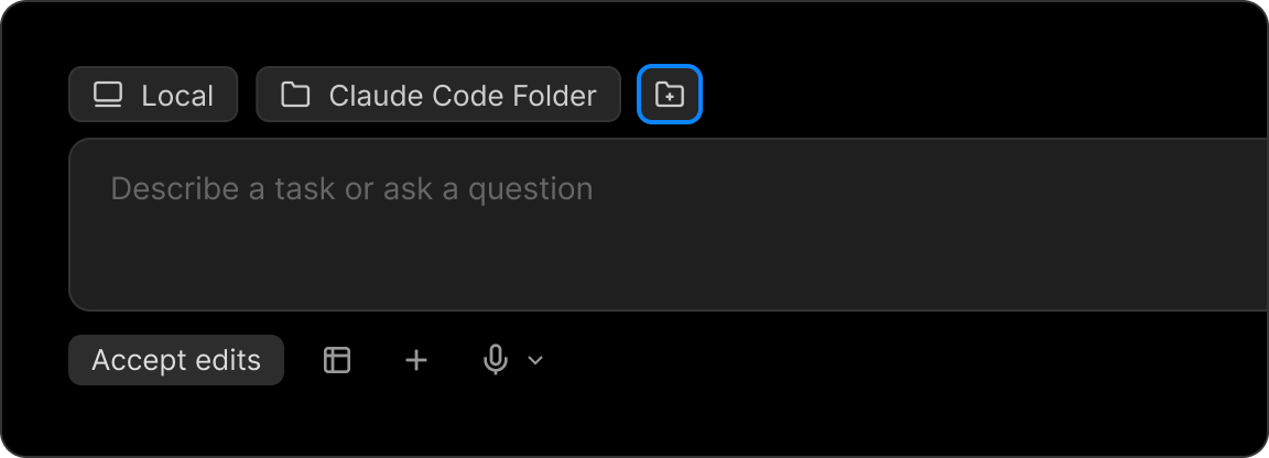 The Claude Code composer with the folder picker highlighted